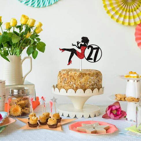 Red Silhouette Glitter Lipstick 34 Girl Cake Topper Picks for Makeup Spa Theme Party Decoration Supplies Women Girls Happy 34th Birthday Party Decor Supplies in Kuwait