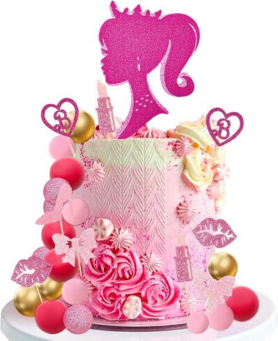 Memovan Hot Pink Girl Cake Toppers 36pcs ball cake decorations with hot pink gold balls shyny stars for Boho Girl Hot Pink Princess form in Kuwait