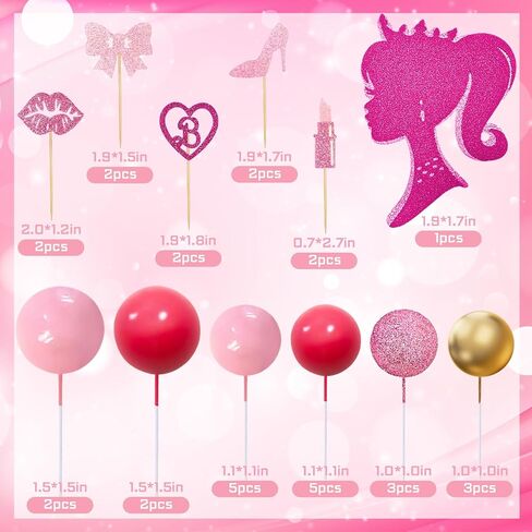 Memovan Hot Pink Girl Cake Toppers 36pcs ball cake decorations with hot pink gold balls shyny stars for Boho Girl Hot Pink Princess form in Kuwait