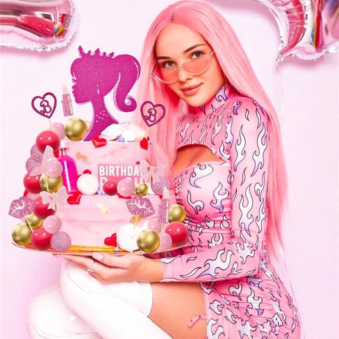 Memovan Hot Pink Girl Cake Toppers 36pcs ball cake decorations with hot pink gold balls shyny stars for Boho Girl Hot Pink Princess form in Kuwait