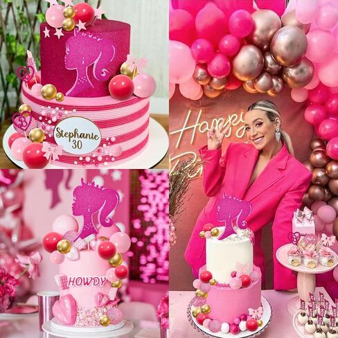 Memovan Hot Pink Girl Cake Toppers 36pcs ball cake decorations with hot pink gold balls shyny stars for Boho Girl Hot Pink Princess form in Kuwait