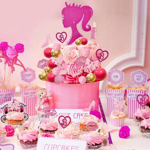 Memovan Hot Pink Girl Cake Toppers 36pcs ball cake decorations with hot pink gold balls shyny stars for Boho Girl Hot Pink Princess form in Kuwait