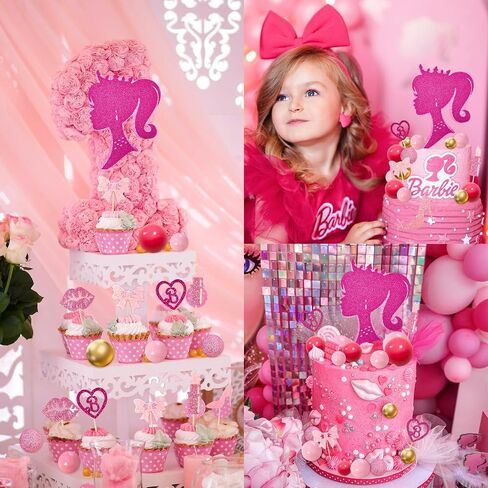 Memovan Hot Pink Girl Cake Toppers 36pcs ball cake decorations with hot pink gold balls shyny stars for Boho Girl Hot Pink Princess form in Kuwait