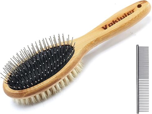 Dog Brush Cat Brush, Vokiuler Double Sided Bristle and Pin Pet Brush for Dog Grooming, Real Boar Bristle Shedding Brush with Bamboo Handle for Long Short Hair, 2 Pack Dog Comb, White in Saudi Arabia