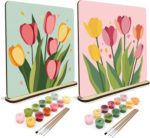 Jooz 2 Pack Tulip Paint by Numbers Kit للبالغين ، الطلاء التجريدي بالرقم على لوحة الخشب ، لوحة زيت DIY Tulip بواسطة أرقام الحلي لسطح المكتب ، الطلاء البالغ السهل بواسطة مجموعات الأرقام للهدية 8 × 8 بوصة in Kuwait