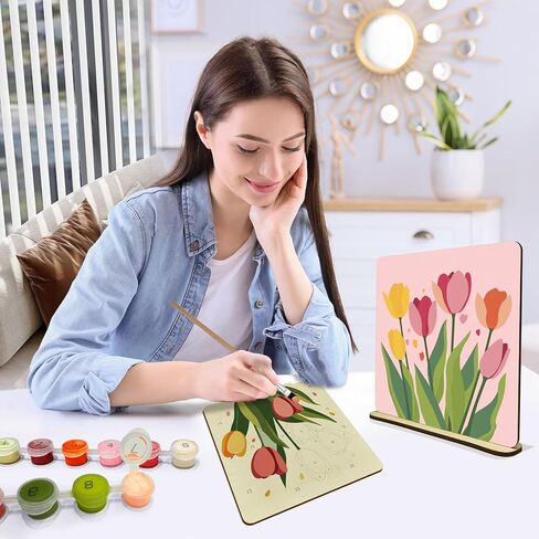Jooz 2 Pack Tulip Paint by Numbers Kit للبالغين ، الطلاء التجريدي بالرقم على لوحة الخشب ، لوحة زيت DIY Tulip بواسطة أرقام الحلي لسطح المكتب ، الطلاء البالغ السهل بواسطة مجموعات الأرقام للهدية 8 × 8 بوصة in Kuwait