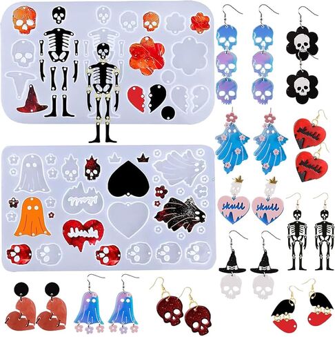 Epoxy Resin Molds, Christmas Halloween Earring Resin Molds with Hole, Skull Pumpkin Bat Spider Earring Resin Molds for DIY Halloween Jewelry Mold Halloween Pendant Keychain Ornament Gift (White-1) in Saudi Arabia
