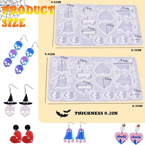 Epoxy Resin Molds, Christmas Halloween Earring Resin Molds with Hole, Skull Pumpkin Bat Spider Earring Resin Molds for DIY Halloween Jewelry Mold Halloween Pendant Keychain Ornament Gift (White-1) in Saudi Arabia