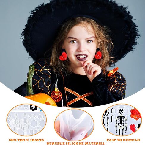 Epoxy Resin Molds, Christmas Halloween Earring Resin Molds with Hole, Skull Pumpkin Bat Spider Earring Resin Molds for DIY Halloween Jewelry Mold Halloween Pendant Keychain Ornament Gift (White-1) in Saudi Arabia