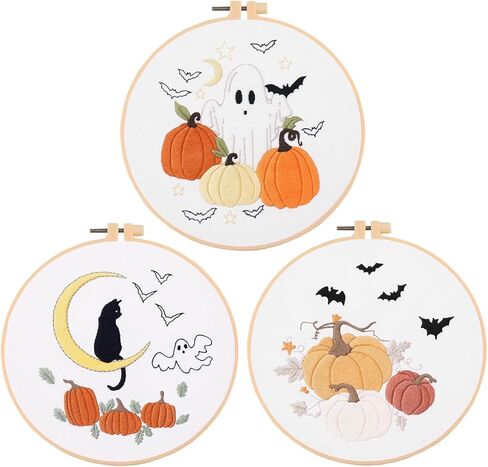 Chenflying 1/3 Sets Embroidery Starter Kit with Halloween Pattern, Cross Stitch Kit for Beginners Adults, Living Room DIY Decorations (Halloween, Beige1,2,3) in Kuwait