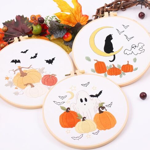 Chenflying 1/3 Sets Embroidery Starter Kit with Halloween Pattern, Cross Stitch Kit for Beginners Adults, Living Room DIY Decorations (Halloween, Beige1,2,3) in Kuwait