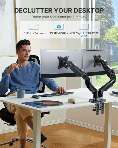 HUANUO Dual Monitor Stand - Full Adjustable Monitor Desk Mount Swivel Vesa Bracket with C Clamp, Grommet Mounting Base for 13 to 32 Inch Computer Screens - Each Arm Holds 4.4 to 19.8lbs in Saudi Arabia