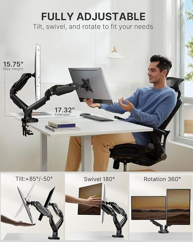 HUANUO Dual Monitor Stand - Full Adjustable Monitor Desk Mount Swivel Vesa Bracket with C Clamp, Grommet Mounting Base for 13 to 32 Inch Computer Screens - Each Arm Holds 4.4 to 19.8lbs in Saudi Arabia