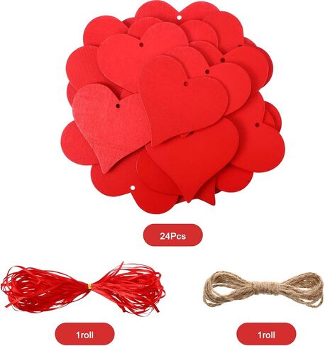 24 Pieces Valentine‘s Day Heart Wooden Ornament Heart Slices Embellishments Wood Love Shaped Decorative Hanging Tags with Twine and Ribbon for Valentine‘s Day Wedding Party in Saudi Arabia
