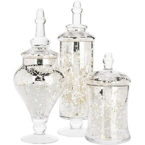 MyGift Set of 3 Silver Mercury Glass Apothecary Jars, Weddings Centerpiece Candy Buffet
