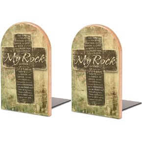Christian Religious Bible Verse The Lord is My Rock Pattern Wood Bookends Decorative Bookend Non-Skid Office Book Stand for Books Office Files Magazine,Wood-style,One Size