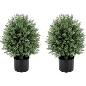 Two Pots 21.5" Artificial Spherical Cedar UV Resistant Artificial Shrubs Pots Simulated Evergreen Artificial Tree Pots for Front Porch, Walkway, Entrance, Garden, Indoor and Outdoor Decor