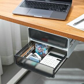 Under Desk Drawer Organizer Slide Out, Hidden Self- adhesive Under Desk Storage Drawer with 2 Layers, Add a Drawer Under Table Storage Pencil Drawer for Office/Classroom/Home, White