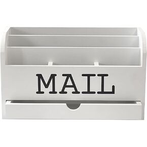 White Desk Organizer Wooden Mail Storage box for tabletop office home,5 compartments with Drawer (4x11.8x7 in)