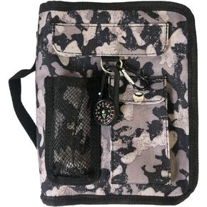 Grey Camo Bible Cover for Men with Compass Carabiner Camouflage Book Covers for Boy Scripture Tote Bible Case