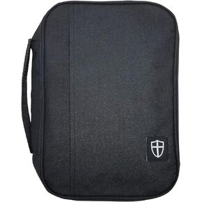 G.T. Luscombe Company, Inc. Armor of God Bible Cover & Book Cover | Oxford Cloth with Handle & Cross Emblem Zipper-Pull | 4 Pen Loops Inside Cover | Outside Pocket | Black & Tiffany Blue | Large & XL