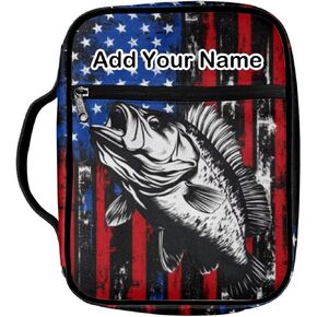 Retro American Flag Bass Fish Print Bible Covers for Women Men Portable Bible Carrying Case with Zipper and Pocket Large Capacity Bible Tote Bag Christian Gift