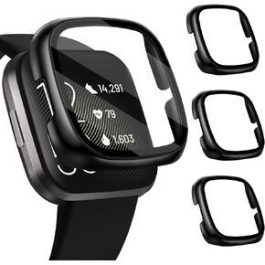 [3 Pack] iVoler Screen Protector Tempered Glass for Fitbit Versa 2, Hard PC case with Bumper Cover Sensitive Touch Full Coverage Protective Case for Versa 2 Smart Watch, Black