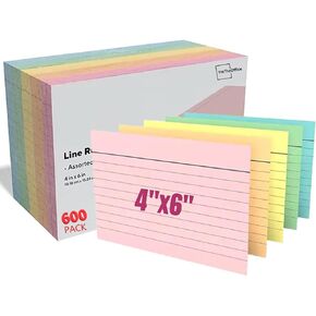 1InTheOffice Index Cards 4x6 Ruled, Pastel Colored Index Cards, Assorted Color Ruled Index Cards, 600 Pack