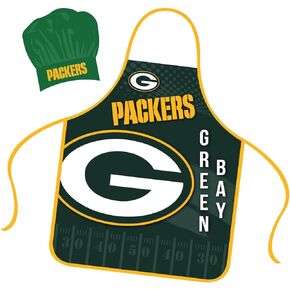 Green Bay Packers Apron Chef Hat Set Full Color Universal Size Tie Back Grilling Tailgate BBQ Cooking Host
