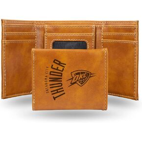 Rico Industries NBA Oklahoma City Thunder Premium Laser Engraved Vegan Brown Leather Front Pocket Wallet - Compact and Slim Yet Sturdy Design - Perfect to Show Your Team Pride or Gift in Saudi Arabia