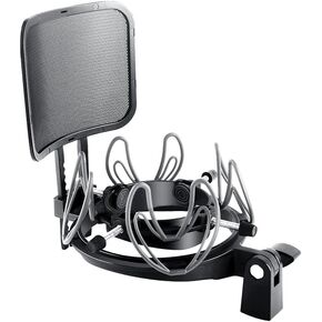 Universal Microphone Shock Mount with Pop Filter for Condenser Microphones Size at 21-62mm Anti-Vibration Mic Holder Clip(Black)