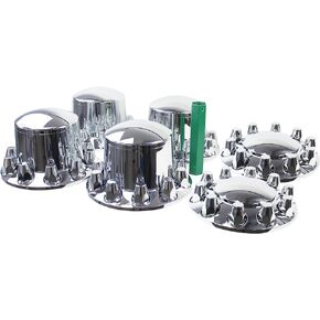 Chrome ABS 33 mm Thread-On Dome Axle Cover Combo Kit with Removable Hub Caps and Lug Nut Covers for Semi Truck