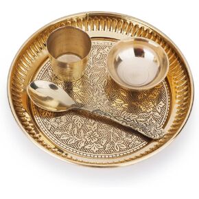 Crafts of India Prasad Bhog Thali Indian Hindu God Rituals Puja Plate. Set of 4 Pieces, (Plate, Katori, Glass, Spoon) for Offering Bhog Prasad to Thakur Ji