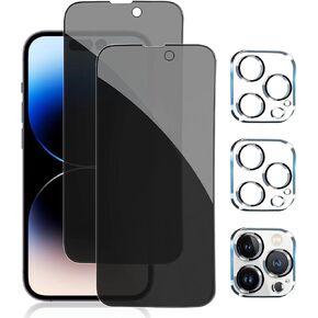 pehael [2+2 Pack iPhone 14 Pro Privacy Screen Protector with Camera Lens Protector Full Coverage Anti-Spy Tempered Glass Film 9H Hardness Upgrade Edge Protection Easy Installation Bubble Free
