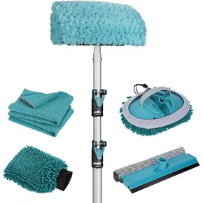 5-Piece Car Wash Brush with Long Handle, Car Wash Kit with 5-12FT Extendable Aluminum Pole, Car Cleaning Kit with 3 Replaceable Brush Heads - Soft Car Brush, Microfiber Car Brush, Window Squeegee.