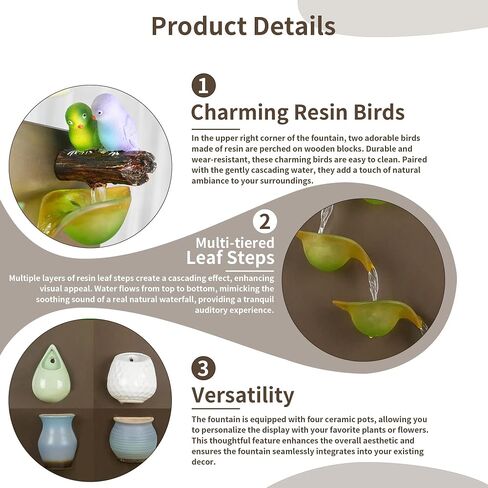 Vintage Multi-Tiered Leaf Steps Indoor Water Fountain with Bird and LED Lights, 17" L x 10" W x 48" H - Standing Floor Waterfall Fountain for Home Decor, Living Room in Saudi Arabia