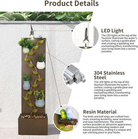 Vintage Multi-Tiered Leaf Steps Indoor Water Fountain with Bird and LED Lights, 17" L x 10" W x 48" H - Standing Floor Waterfall Fountain for Home Decor, Living Room in Saudi Arabia