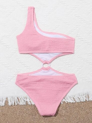 OYOANGLE Girl's Textured One Shoulder Ring Linked Tummy Control Bathing Suit Summer Beach One Pieces Swimsuits in Saudi Arabia