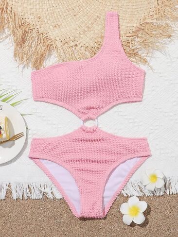 OYOANGLE Girl's Textured One Shoulder Ring Linked Tummy Control Bathing Suit Summer Beach One Pieces Swimsuits in Saudi Arabia