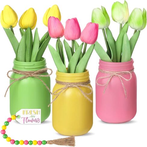 Karenhi 13 Pcs Spring Easter Mason Jar Table Centerpiece with Artificial Tulip Beaded Garland Spring Tiered Tray Decor Spring Easter Table Decor Tulip Mason Jar Spring Decoration in Saudi Arabia