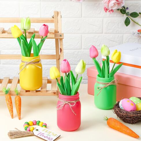 Karenhi 13 Pcs Spring Easter Mason Jar Table Centerpiece with Artificial Tulip Beaded Garland Spring Tiered Tray Decor Spring Easter Table Decor Tulip Mason Jar Spring Decoration in Saudi Arabia