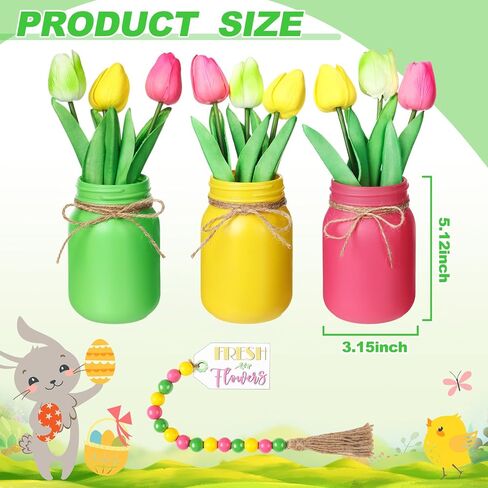 Karenhi 13 Pcs Spring Easter Mason Jar Table Centerpiece with Artificial Tulip Beaded Garland Spring Tiered Tray Decor Spring Easter Table Decor Tulip Mason Jar Spring Decoration in Saudi Arabia