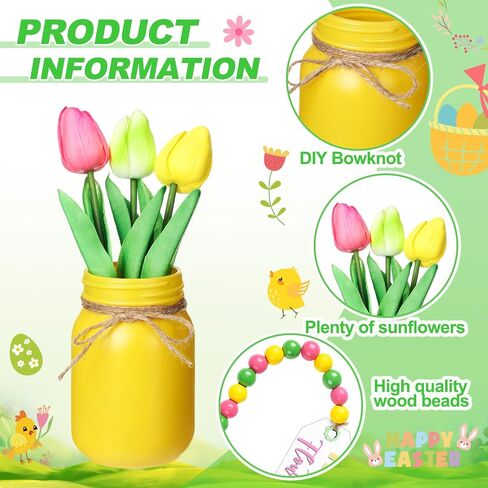 Karenhi 13 Pcs Spring Easter Mason Jar Table Centerpiece with Artificial Tulip Beaded Garland Spring Tiered Tray Decor Spring Easter Table Decor Tulip Mason Jar Spring Decoration in Saudi Arabia