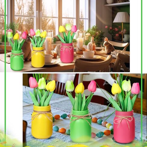 Karenhi 13 Pcs Spring Easter Mason Jar Table Centerpiece with Artificial Tulip Beaded Garland Spring Tiered Tray Decor Spring Easter Table Decor Tulip Mason Jar Spring Decoration in Saudi Arabia