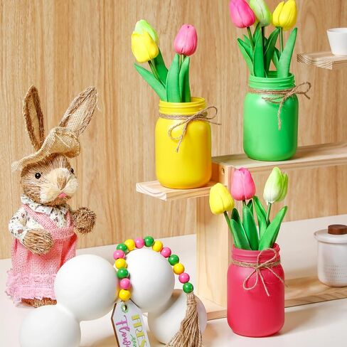 Karenhi 13 Pcs Spring Easter Mason Jar Table Centerpiece with Artificial Tulip Beaded Garland Spring Tiered Tray Decor Spring Easter Table Decor Tulip Mason Jar Spring Decoration in Saudi Arabia