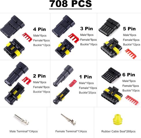 708PCS Automotive Waterproof Car Electrical Wire Connectors Plug Kit, 1/2/3/4/5/6 Male and Female Pin Connectors for Motorcycle, Truck, Car, Boats, Scooter in Saudi Arabia