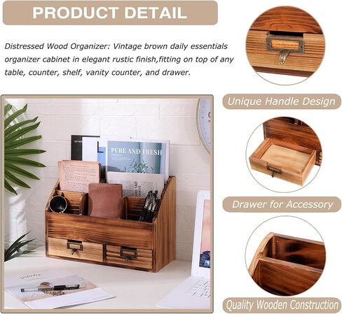 منظم مكتب خشبي حامل أقلام رصاص صندوق تخزين مستحضرات التجميل مكتب المنزل اللوازم الفنية مع درجين ومقصورات in Kuwait