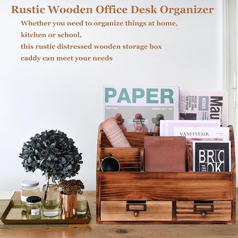 منظم مكتب خشبي حامل أقلام رصاص صندوق تخزين مستحضرات التجميل مكتب المنزل اللوازم الفنية مع درجين ومقصورات in Kuwait