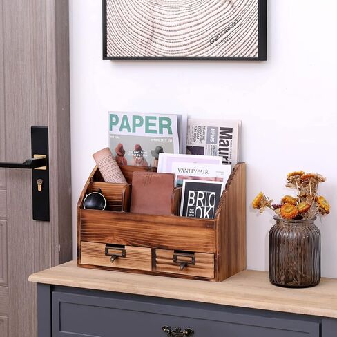 منظم مكتب خشبي حامل أقلام رصاص صندوق تخزين مستحضرات التجميل مكتب المنزل اللوازم الفنية مع درجين ومقصورات in Kuwait