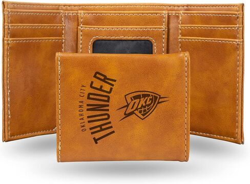 Rico Industries NBA Oklahoma City Thunder Premium Laser Engraved Vegan Brown Leather Front Pocket Wallet - Compact and Slim Yet Sturdy Design - Perfect to Show Your Team Pride or Gift in Saudi Arabia